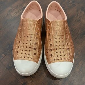 Native Women's Rose Gold Glitter Slip-Ons